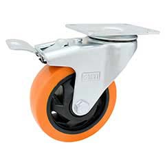 Rueda PU naranja 100 mm base girat. c/freno (c/ rodillo)