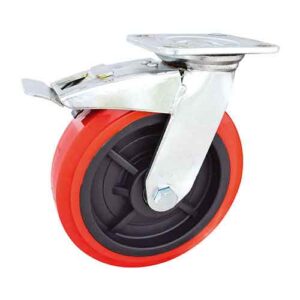 Rueda PP / PVC rojo 100 mm base gir. con freno (2 rulemanes)